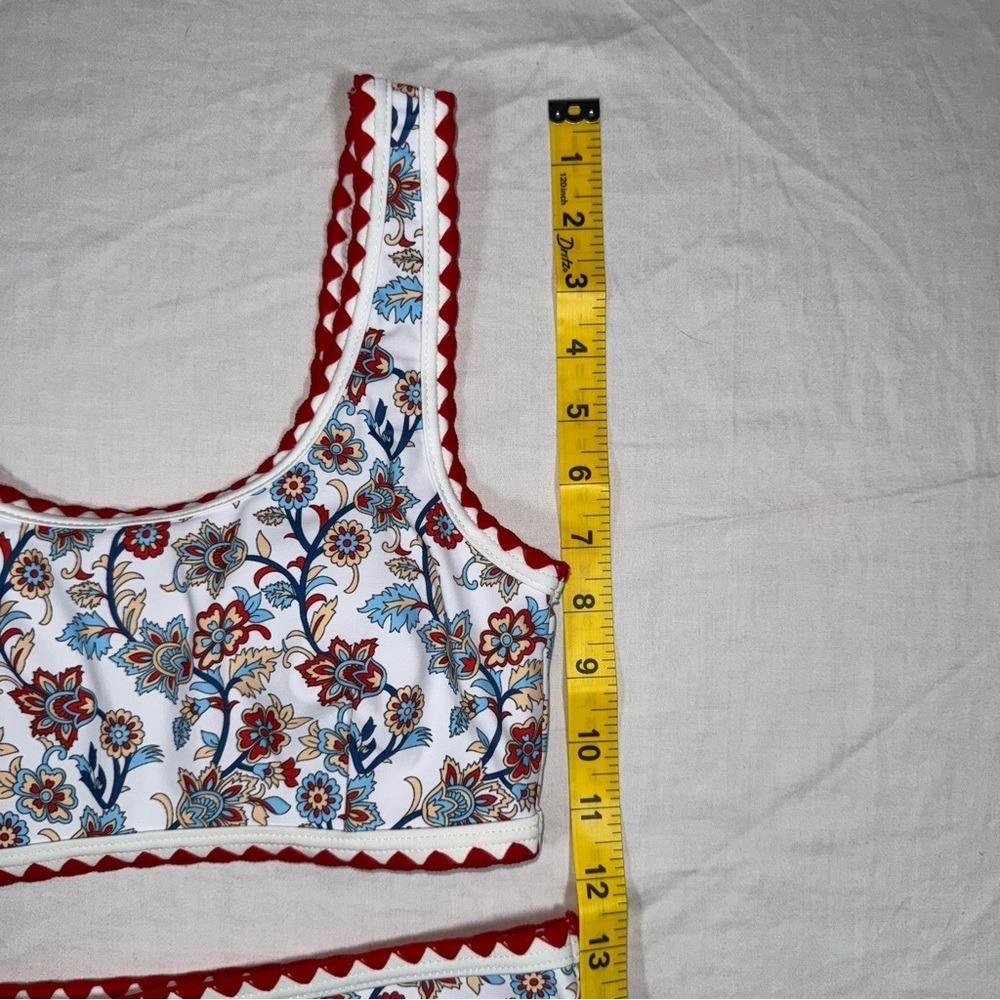 Floral Paisley Ric-Rac Trim High Waisted Bikini Set XS Red White Blue Swimsuit - Picture 6 of 8
